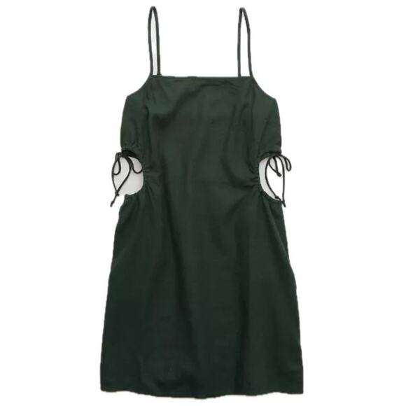 aerie Dresses & Skirts - Aerie Natural Linen Blend Sycamore Green Square Neck Side Cut Out Mini Sun Dress